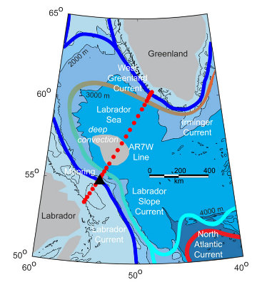 AR7W station positions (red dots) in relation to oceanographic features in the Labrador Sea region.