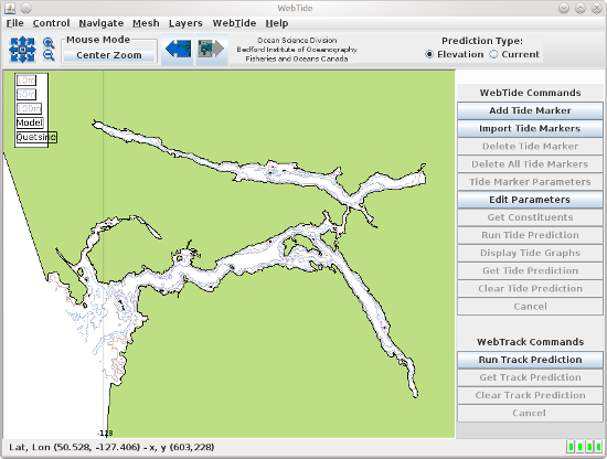 Une capture d'écran de données de WebTide de la baie de Quatsino