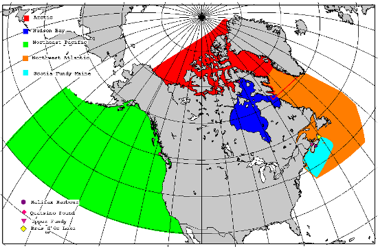 La carte illustre les zones couvertes par les ensembles de données WebTide, à savoir l’Arctique, le port d’Halifax, la baie d’Hudson, la région du Nord-Est du Pacifique, l’Atlantique Nord-Ouest, la baie de Quatsino, la région Scotia-Fundy-Maine, la région de Bras d’Or, la région supérieure de la baie de Fundy et le monde